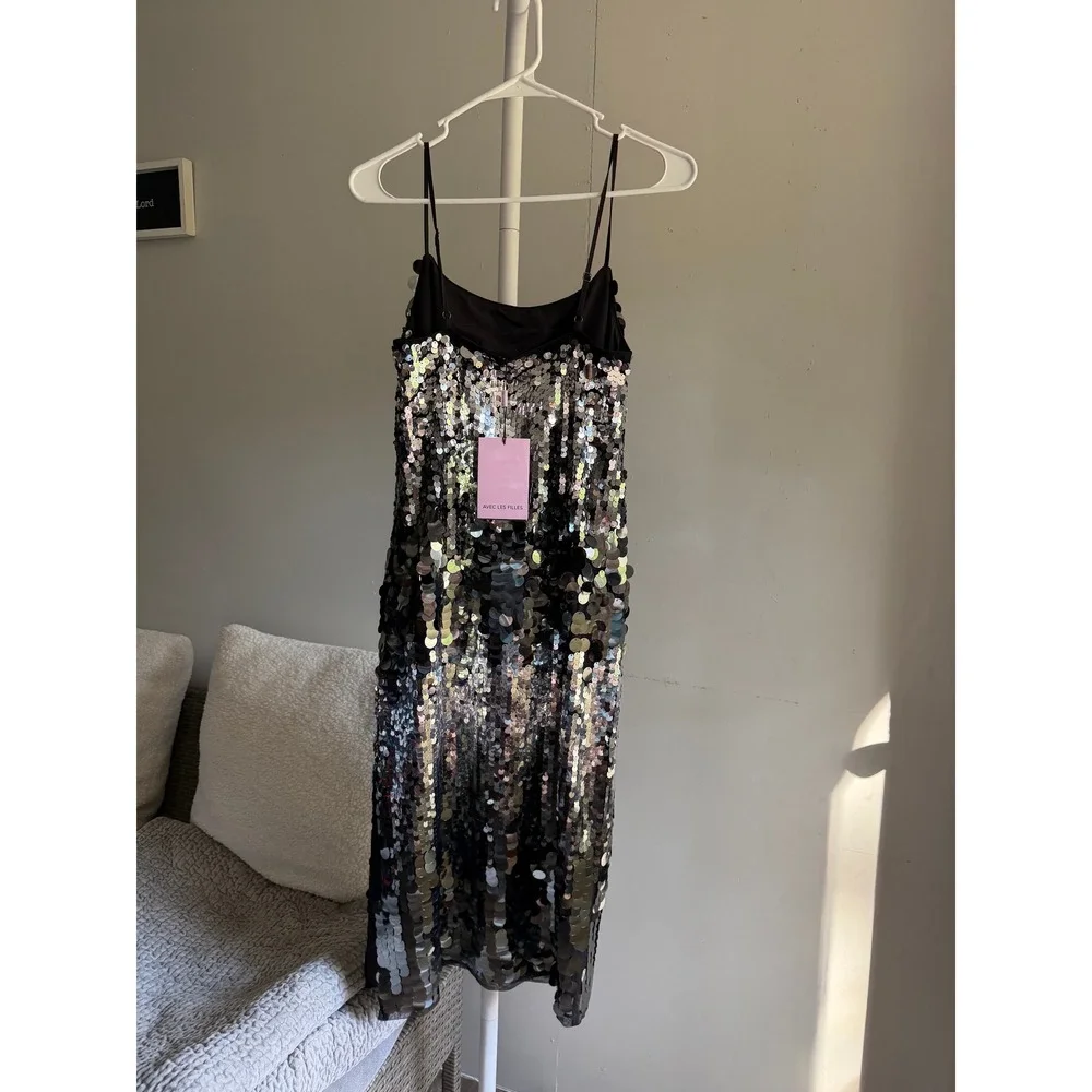 $290 NWT Avec Les Filles Sequin Midi Dress Silver Black Adjustable Straps Slit